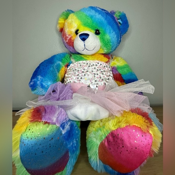 Build A Bear Neon Rainbow Tie Dye‎ Peace Signs Bear Pink Tutu Stuffed Plush Toy - Picture 3 of 7